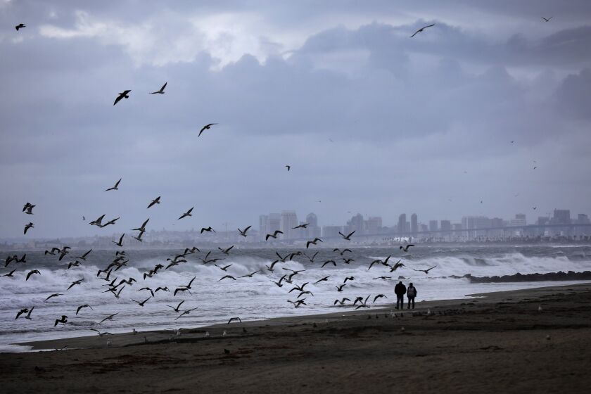 People walk along the coast in Imperial Beach as the first storm of the season moved through the area on Nov. 20, 2019. Earlier in the day the beach and closed in Imperial Beach due to lightning.