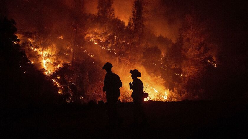 Firefighters monitor a backfire near the Mendocino Complex Fire on Aug. 7.
