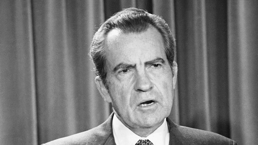 Richard Nixon speaks during White House news briefing in Washington on April 17, 1973.
