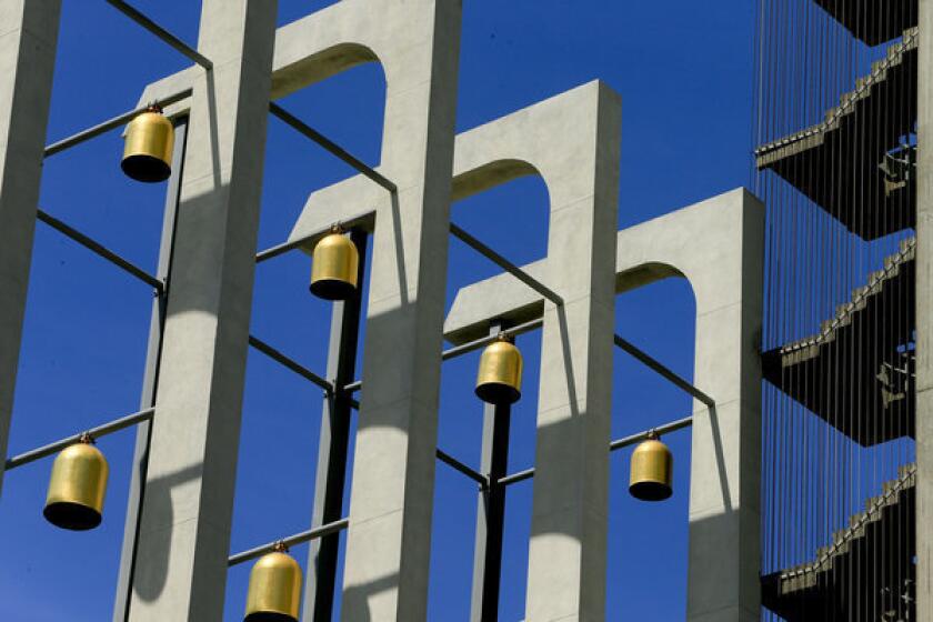 A carillon of faux bells stands with the Richard Neutra-designed Tower Of Hope on the Grounds of the former Crystal Cathedral in Garden Grove.