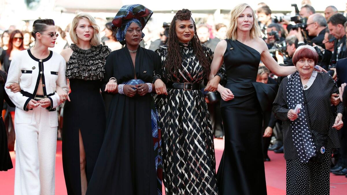 Kristen Stewart, left, Léa Seydoux, Khadja Nin, Ava DuVernay, Cate Blanchett and Agnès Varda arrive at the screening of "Girls of the Sun" at Cannes.