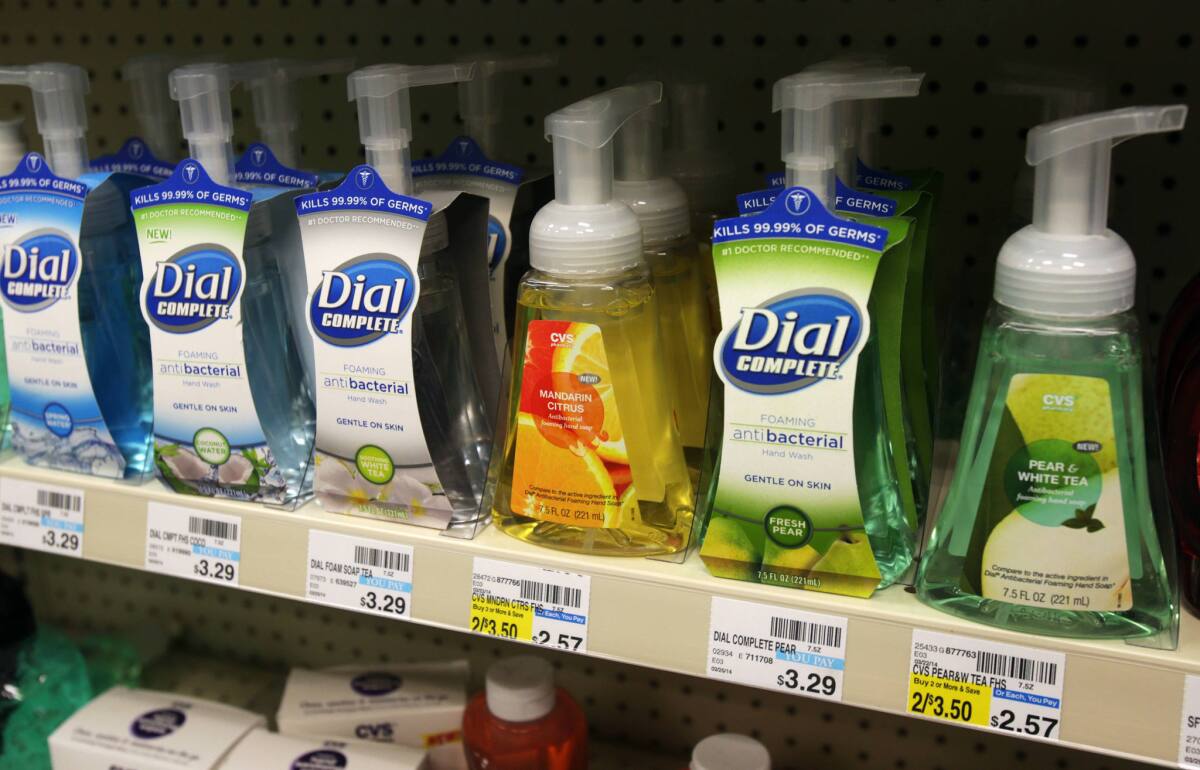 Soaps containing the antibacterial chemical triclosan are displayed on a shelf at a Minneapolis pharmacy.