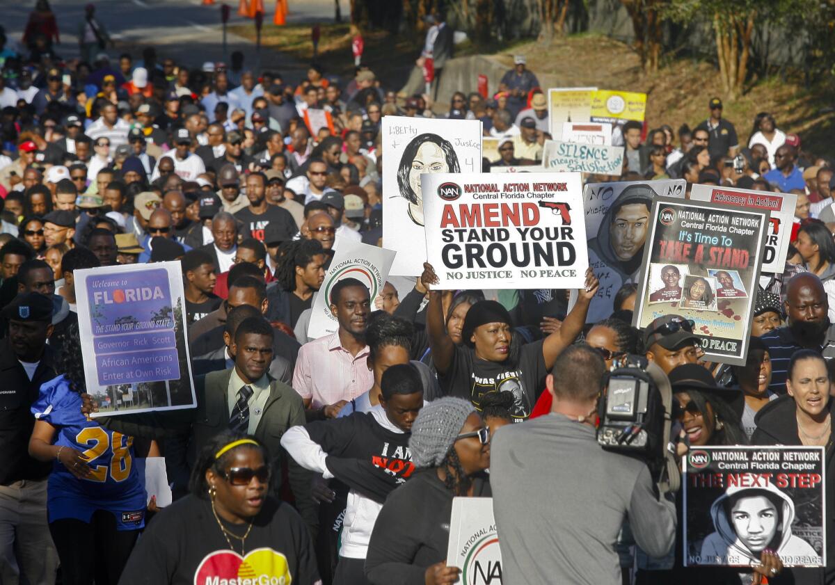 Hundreds of marchers rally against Florida's "stand your ground" law in 2014.