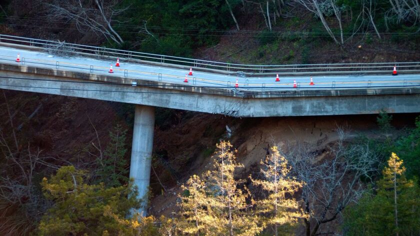 Pfeiffer Canyon Bridge on Highway 1 in Big Sur cracked and continues to slide down the mountainside. Caltrans released this photo Thursday but it was taken Wednesday.
