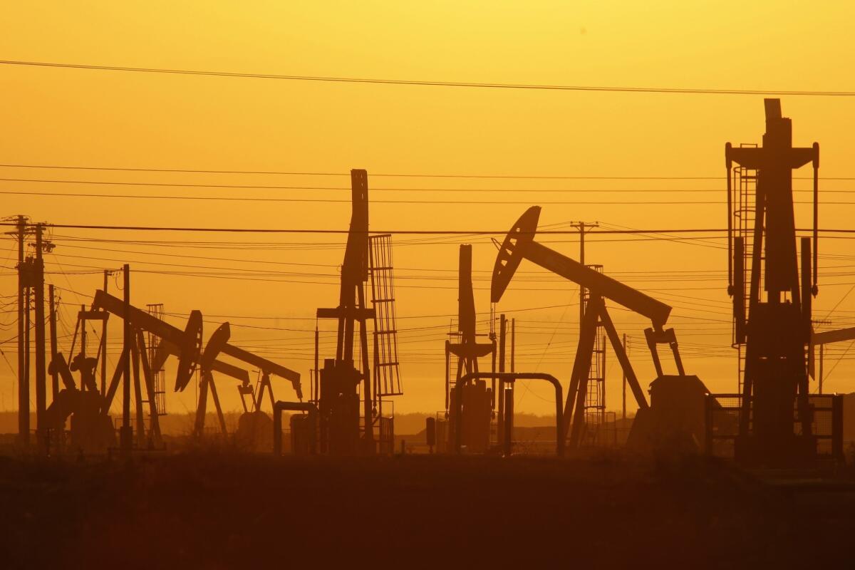 Pump jacks in an oil field over the Monterey Shale formation in Kern County.