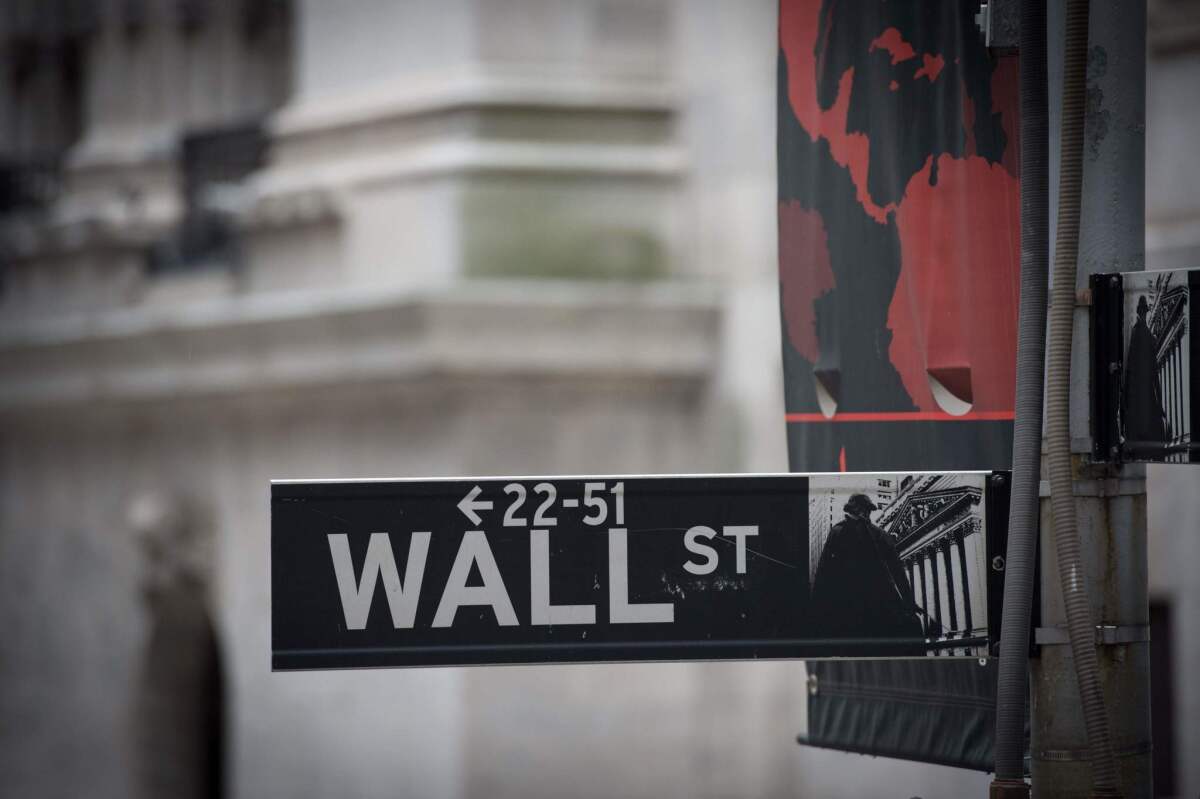 The Wall Street sign near the New York Stock Exchange.