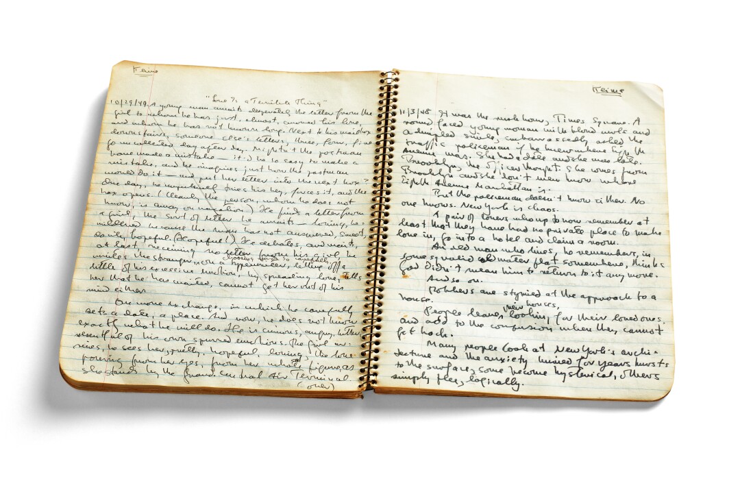 Patricia Highsmith's handwriting, barely intelligible, in her spiral notebooks.