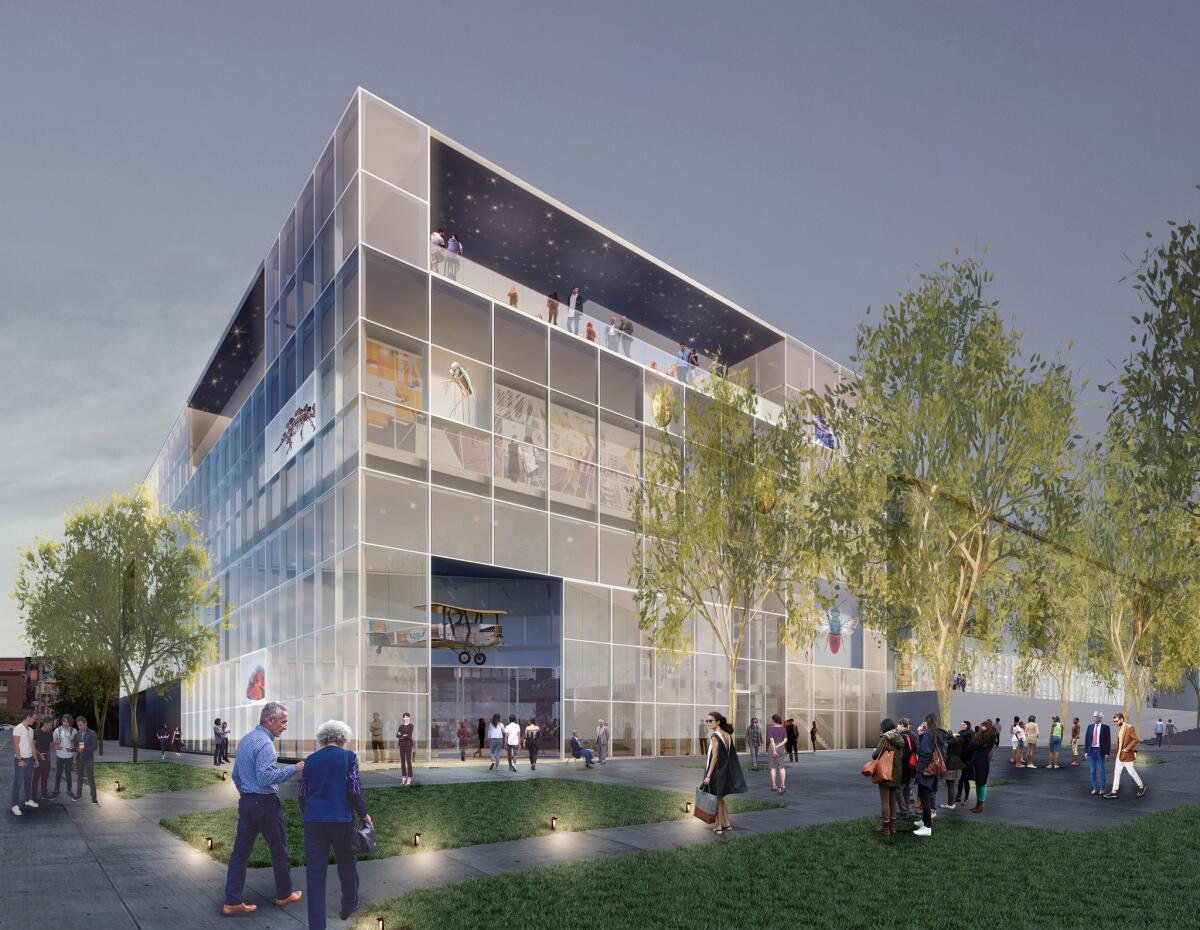 A new three-story glass cube would replace an auditorium used for storage.