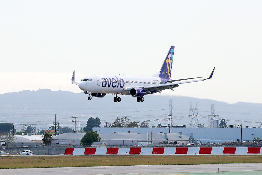 An Avelo Airlines plan lands at Hollywood Burbank Airport on April 07, 2021. The airlines is scheduled to begin service on April 28, starting with three planes and 11 routes.