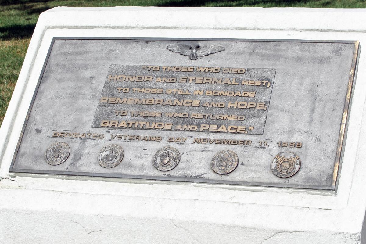A plaque honoring veterans is one of many at the memorial. Burbank has received a grant from Los Angeles County that will allow them to refurbish the war memorial at McCambridge Park.