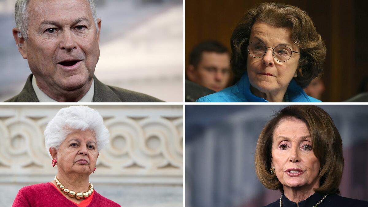 Clockwise from top left: Rep. Dana Rohrabacher, Sen. Dianne Feinstein, House Minority Leader Nancy Pelosi, Rep. Grace Napolitano