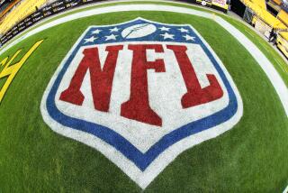 This is the NFL logo painted in the end zone at Heinz Field before an NFL football game.