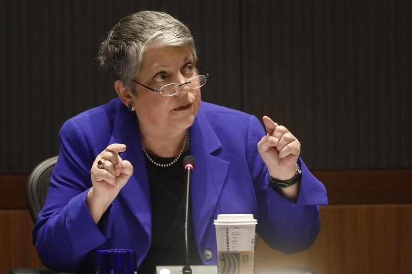 WESTWOOD, CA - MARCH 13, 2019 ? UC President Janet Napolitano speaks on the issue of the college bribery scandal during the Regents meeting at UCLA in Westwood on March 13, 2019. Napolitano said they need to look at the admissions process at UC universities. A UCLA men's soccer coach was put on leave for being involved in the bribery scandal. Only two students mentioned the scandal during the open session of the meeting. Most students at the meeting were there to protest tuition increase and fair pay for workers throughout the UC campuses. (Genaro Molina/Los Angeles Times)