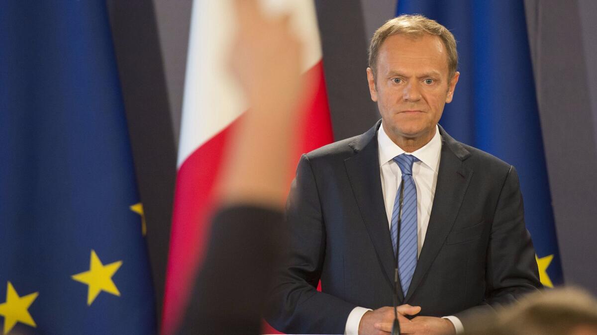 European Council President Donald Tusk attends a news conference in Valletta, Malta, on March 31.
