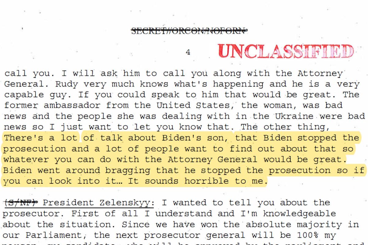 A portion of the White House memo on Trump's July 25 call with Ukraine's president.