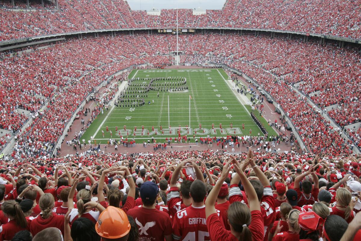 Ohio State Marching Band performs before a football game at Ohio Stadium 