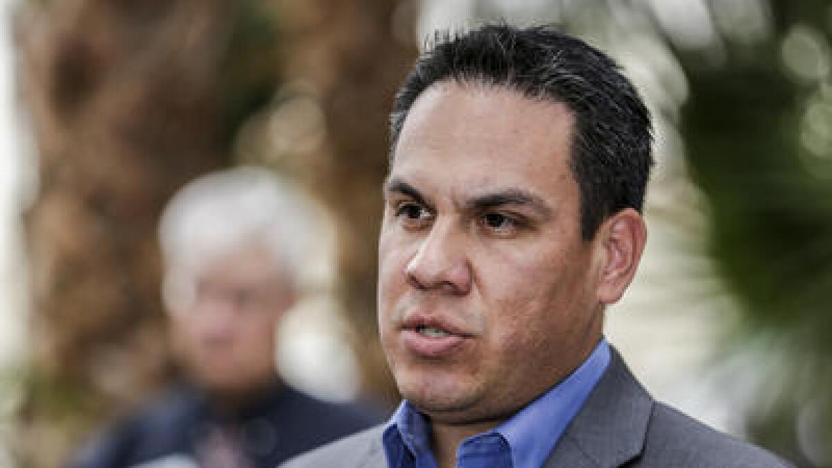 Rep. Pete Aguilar speaks at an interfaith group prayer vigil held at the Islamic Center of Redlands.