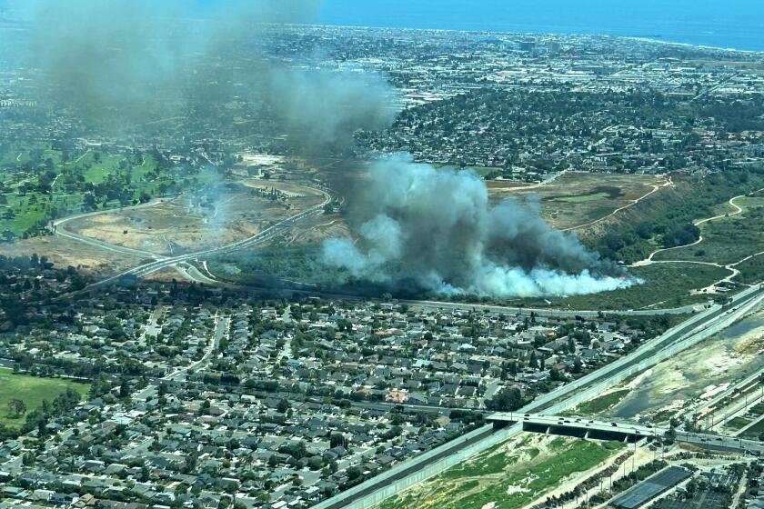 An aerial view of an 8.4-acre brush fire that broke out Sunday in Costa Mesa's Talbert Regional Park.
