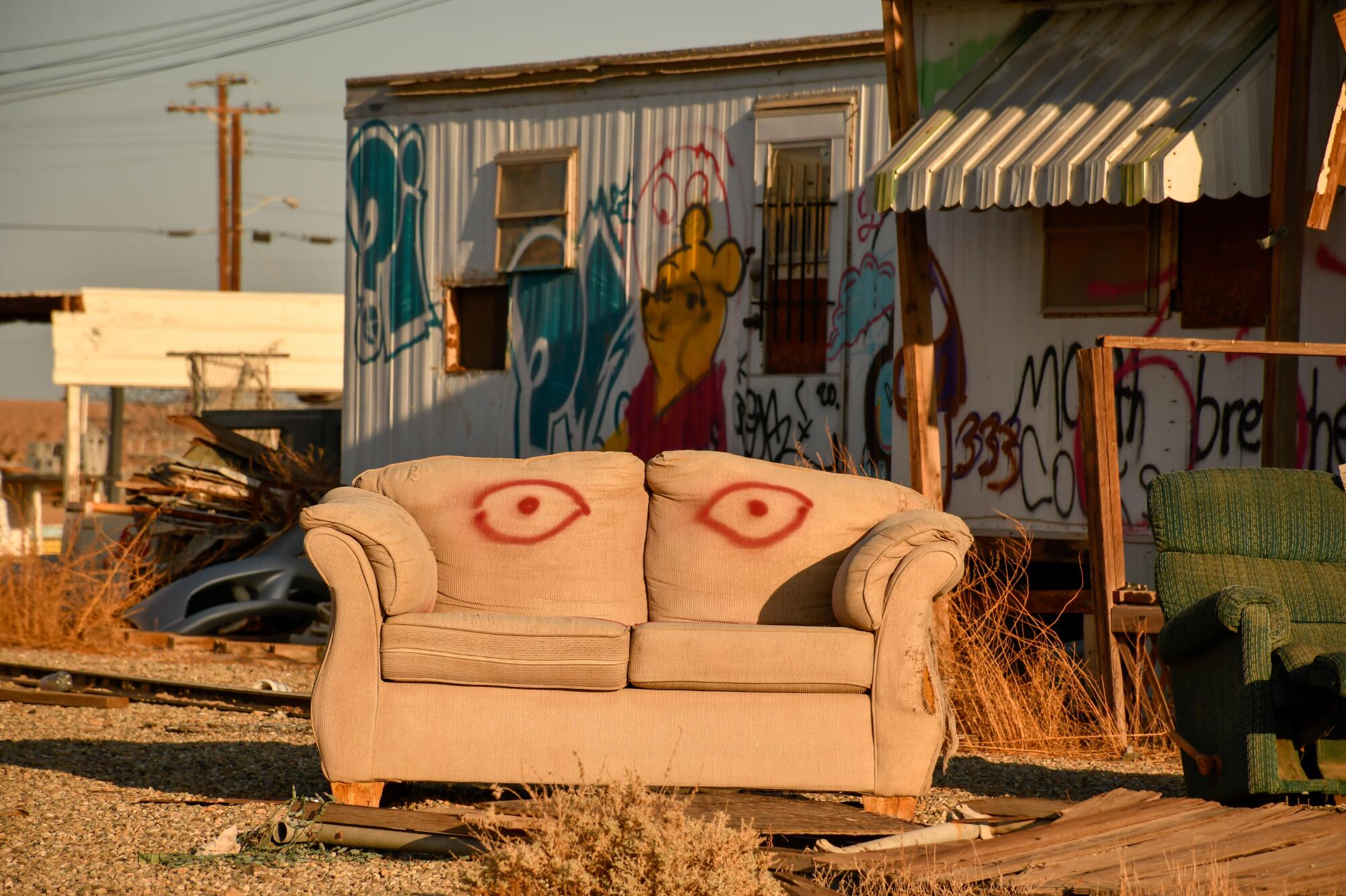 An abandoned couch in Bombay Beach, a community of artists and retirees.
