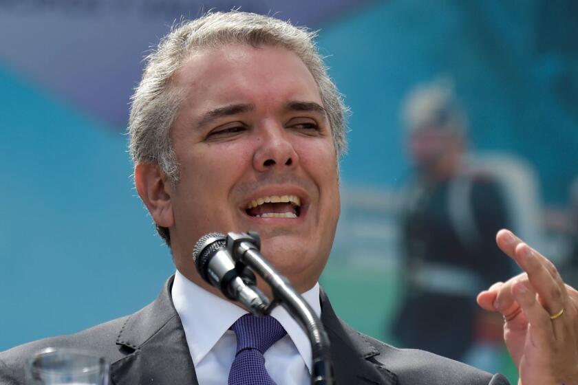 Colombian President Ivan Duque speaks during a ceremony for the recognition of command of the Military Forces at the Jose Maria Cordova Military School in Bogota on December 17, 2018. (Photo by Raul ARBOLEDA / AFP)RAUL ARBOLEDA/AFP/Getty Images ** OUTS - ELSENT, FPG, CM - OUTS * NM, PH, VA if sourced by CT, LA or MoD **