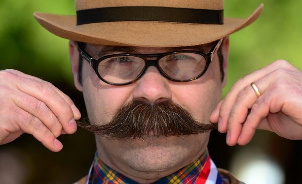 Adam Orcutt from Michigan City, Ind., poses after winning first place in the Natural Moustache category at the third annual National Beard and Moustache Championships in Las Vegas on November 11, 2012.