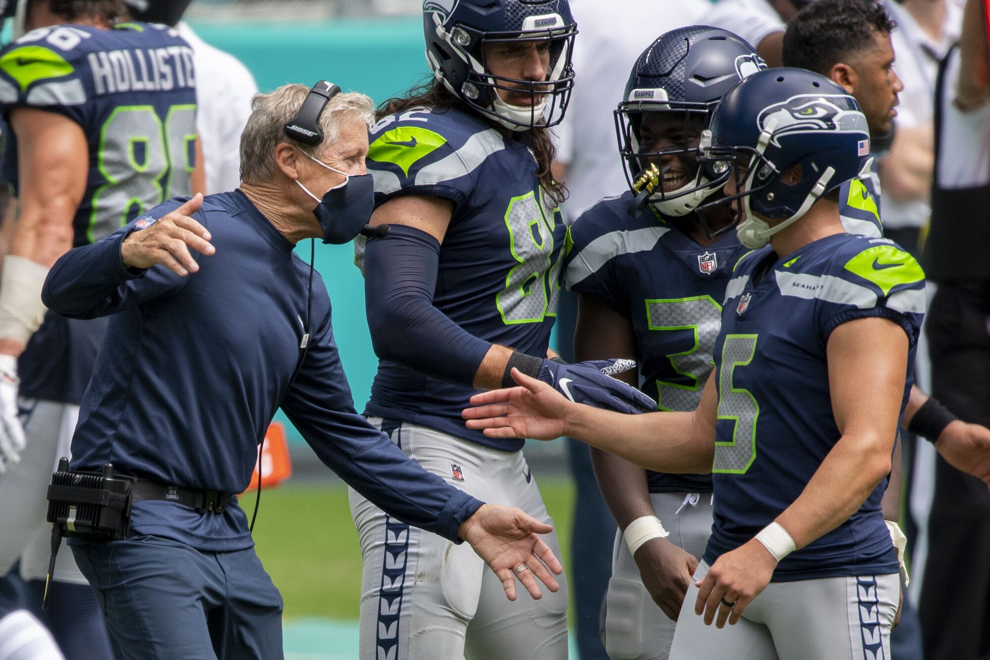 Pete Carroll congratulates Seattle Seahawks kicker Jason Myers after a field goal against the Miami Dolphins on Oct. 4.