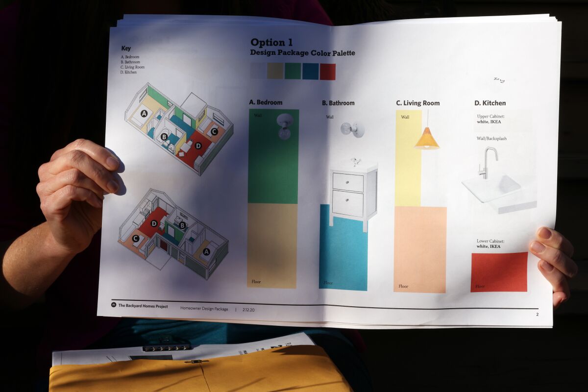 Backyard Homes Project plans show a design scheme, including floor plan and color palette, for an ADU.