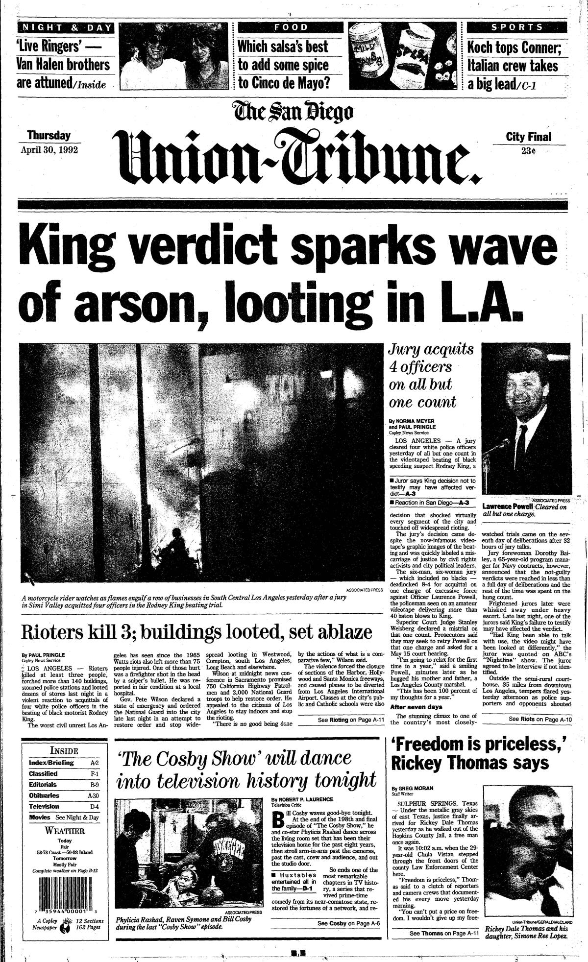 Front page of The San Diego Union-Tribune, April, 30, 1992, "King Verdict sparks wave of arson, looting in L.A."