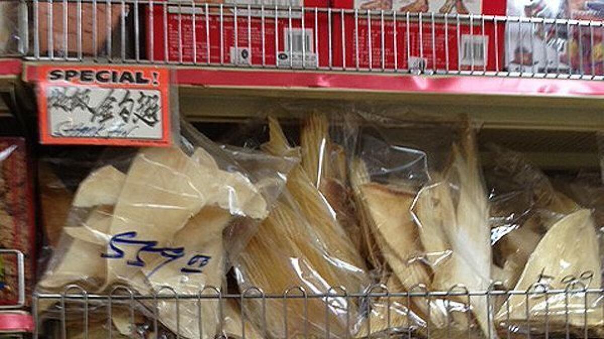 Shark fins for sale in Los Angeles' Chinatown before California's ban took effect in 2013.