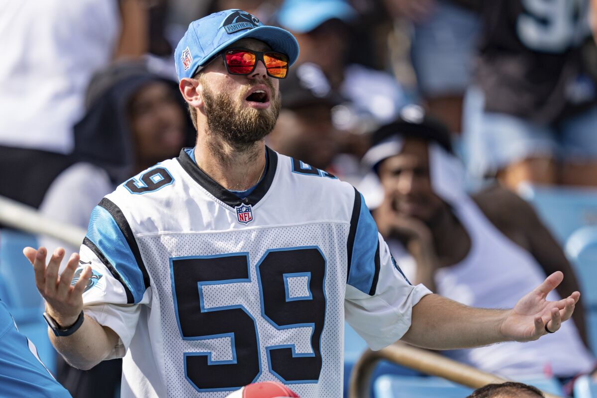 A Carolina Panthers fan reacts during a game against the Cleveland Browns.