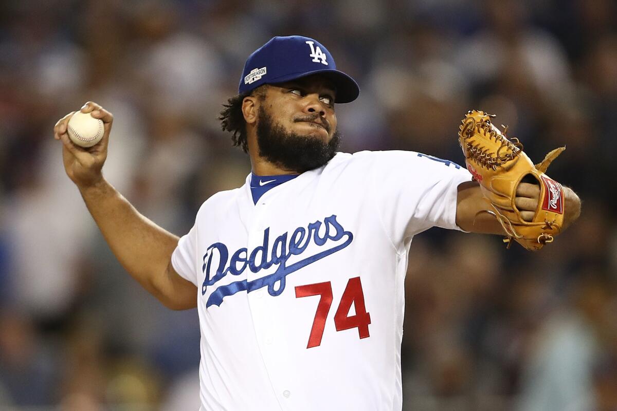 Kenley Jansen pitches for the Dodgers against the Chicago Cubs during Game 3 of the National League Championship Series on Oct. 18.