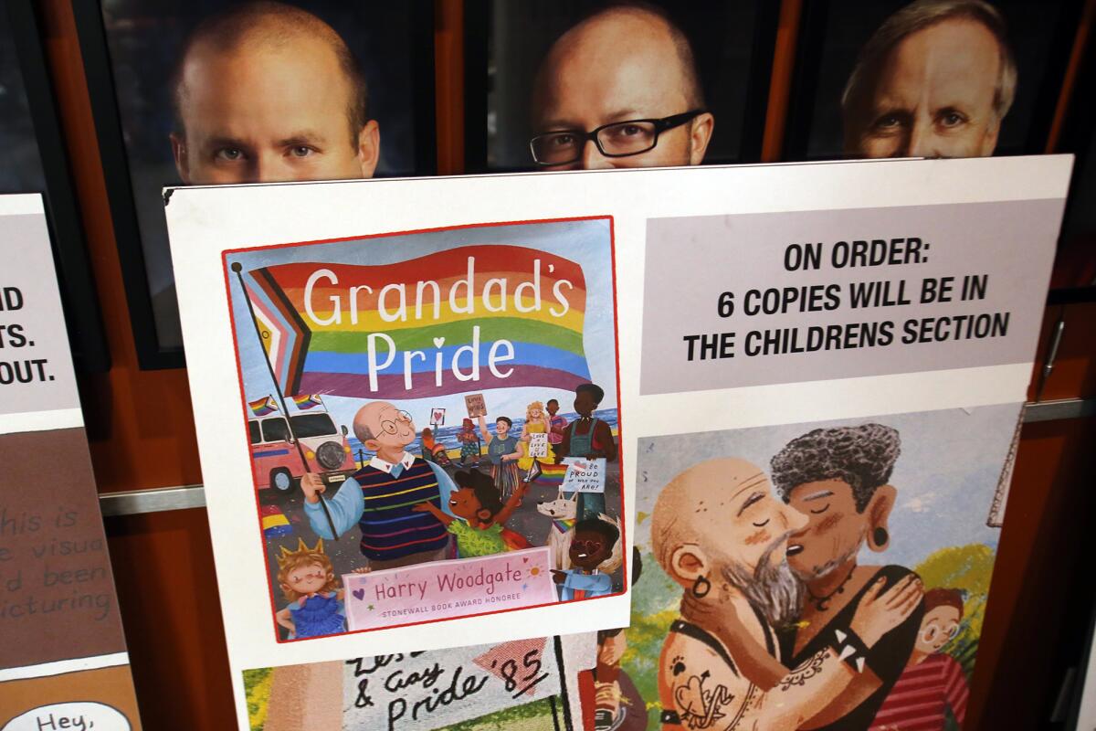 Examples of books with LBGTQ+ topics on display in City Council chambers.