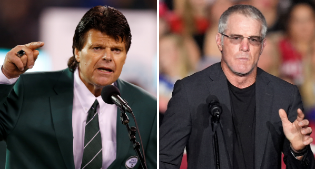 Mark Gastineau is talking on the left of a split image that includes Brett Favre speaking on the right.