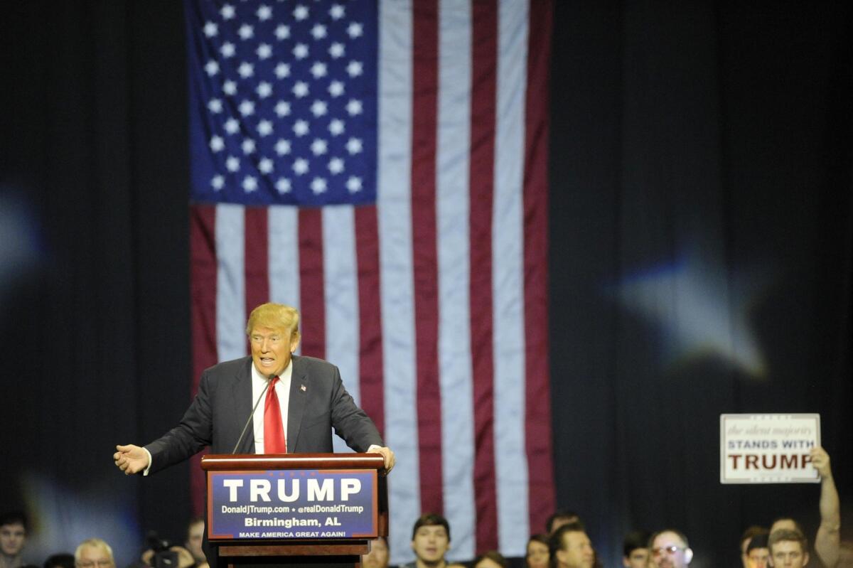 Republican presidential candidate Donald Trump speaks during a campaign stop in Birmingham, Ala.