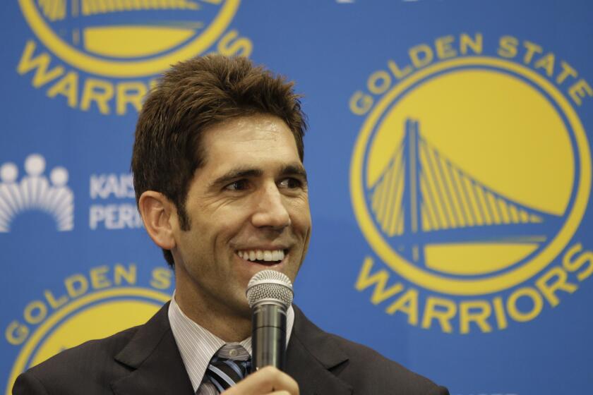 Golden State Warriors GM Bob Myers during a news conference at Warriors headquarters in Oakland, Calif., Monday, July 2, 2012. (AP Photo/Paul Sakuma)