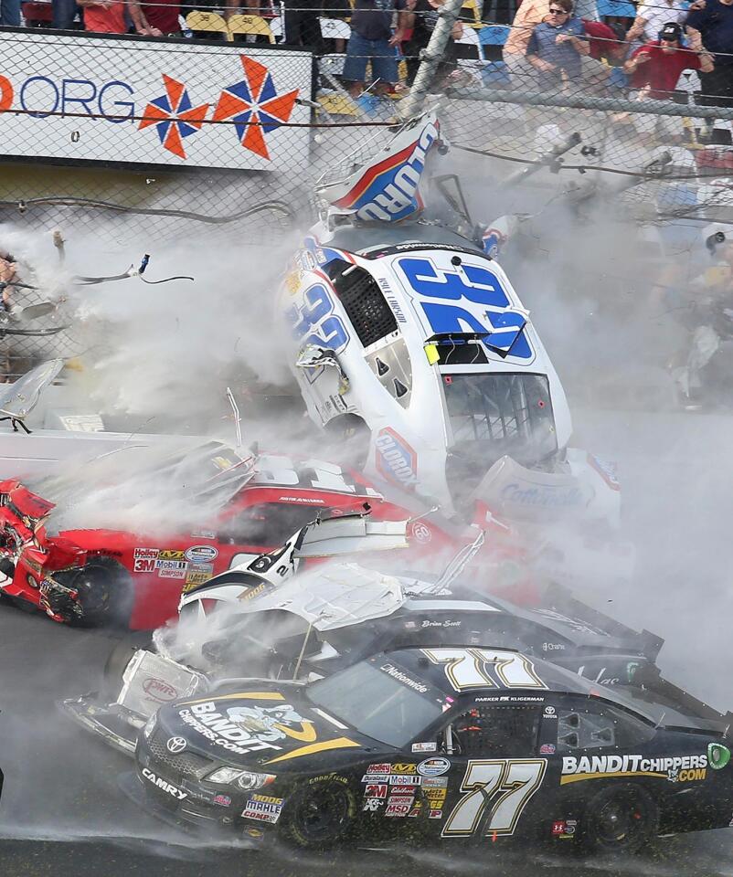 The car of Nationwide Series driver Kyle Larson begins to go airborne after a chain-reaction crash involving several cars on the last lap of the NASCAR race on Saturday at Daytona International Speedway.