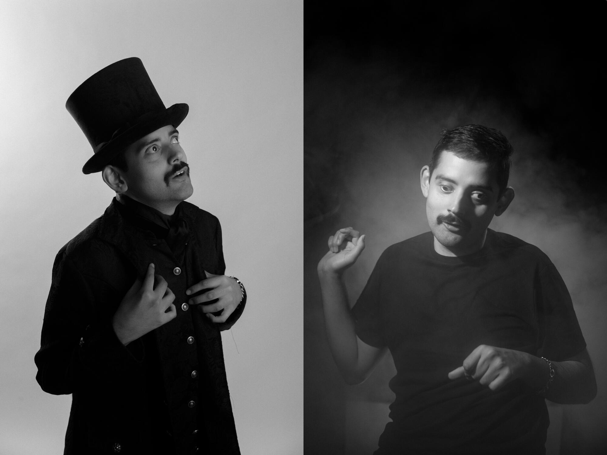 A split image shows a man in a top hat, left, and in a cloud of mist, right.