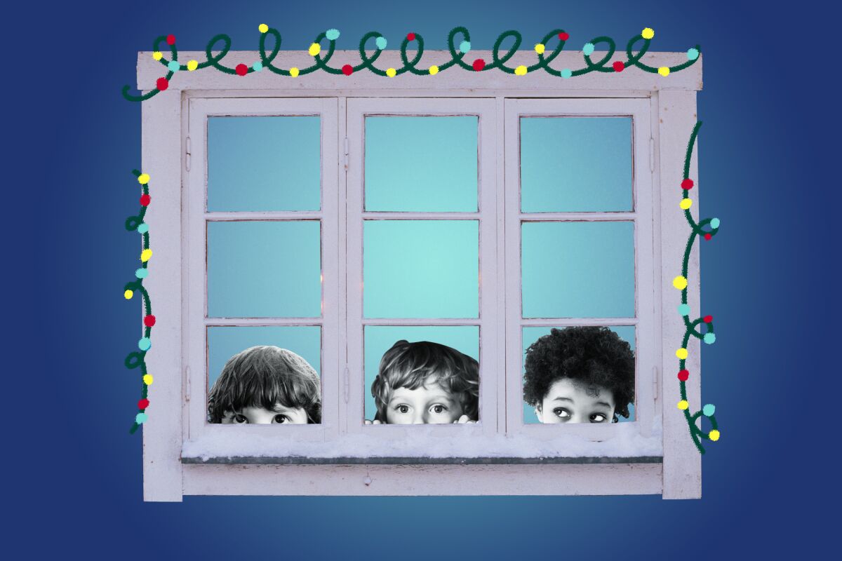 Three children peaking out of windows.
