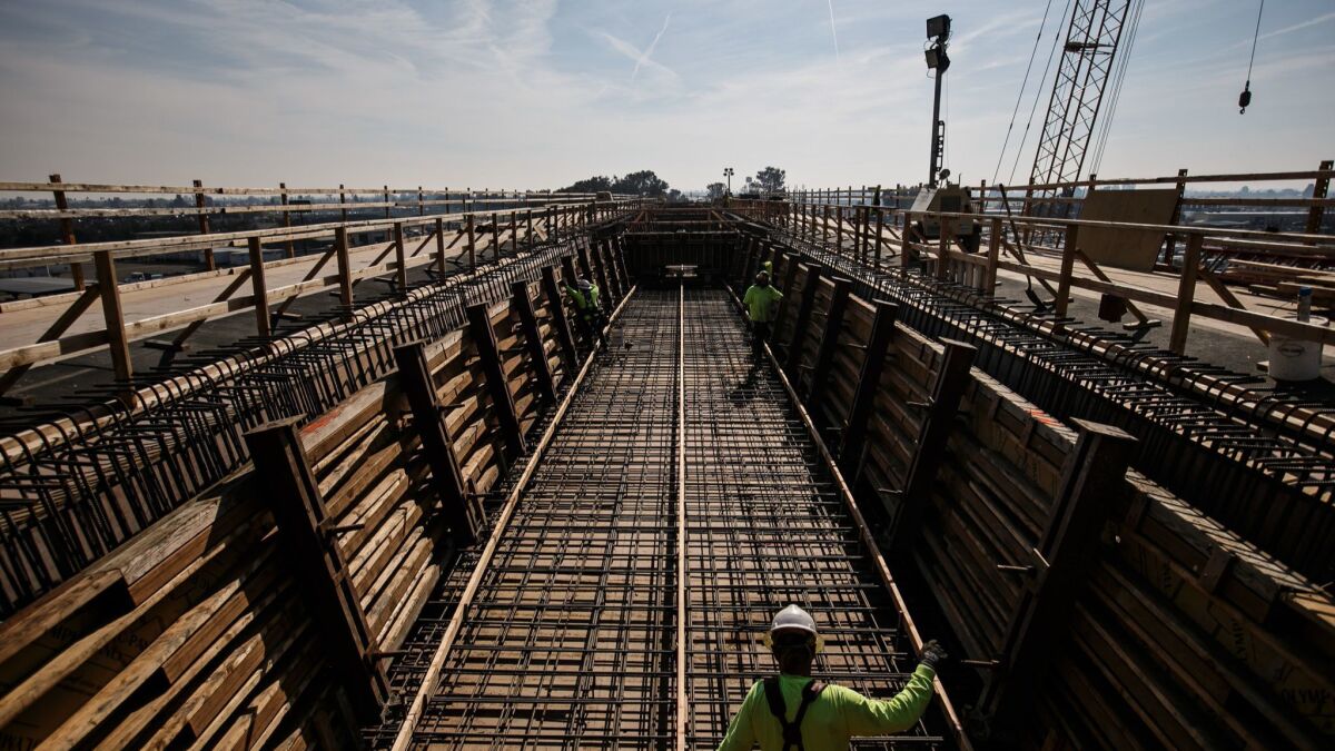 Construction workers at a 3,700-foot viaduct built to extend over State Route 99 in Fresno County in 2017.