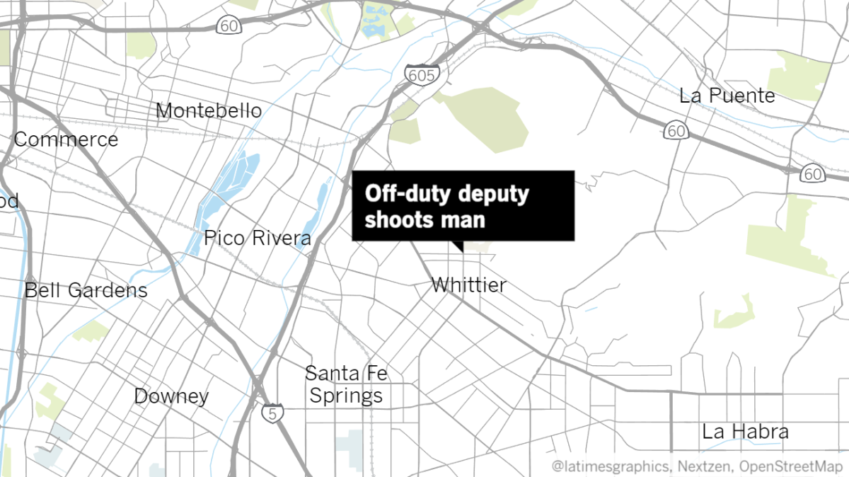 Label reading "Off-duty deputy shoots man" points to a spot in Whittier on a map