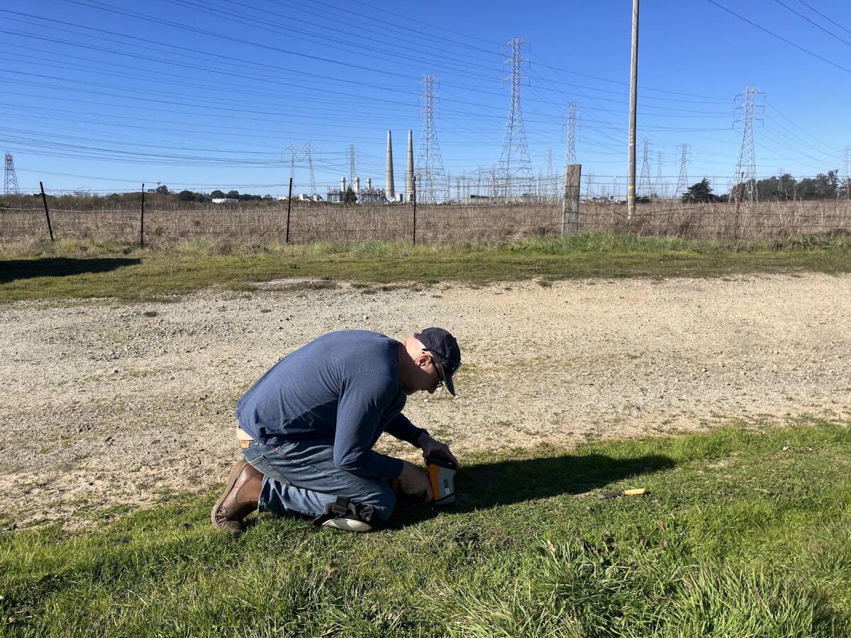A man kneels in a grassy area, looking down at the ground.