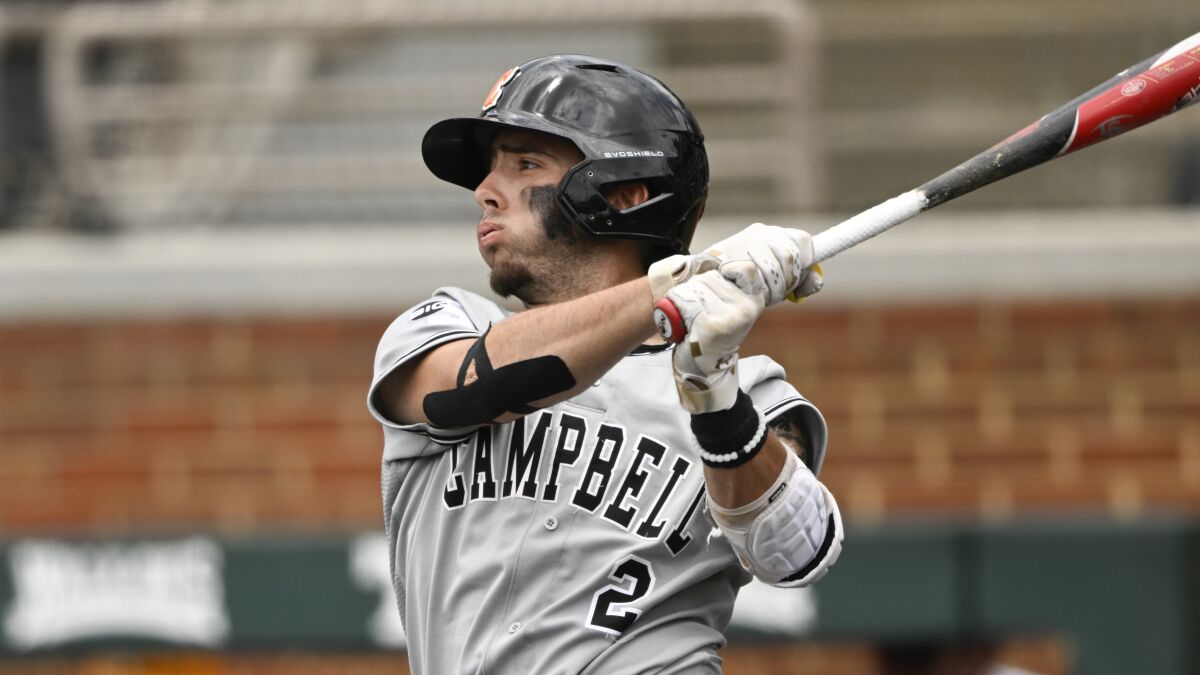 Zach Neto takes a swing during a game against Georgia Tech while playing at Campbell University in 2022.