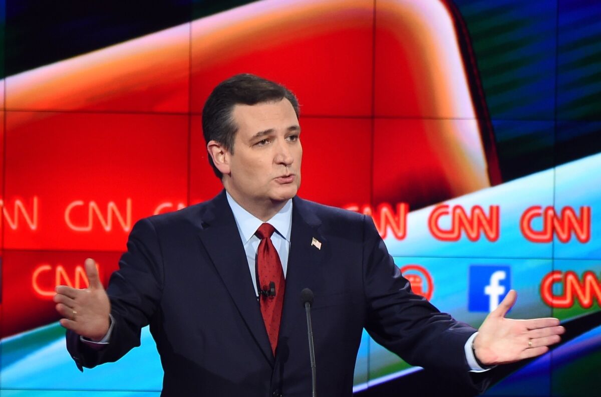 Republican presidential candidate Texas Sen. Ted Cruz emphasizes a point made during the CNN debate in Las Vegas on Tuesday.