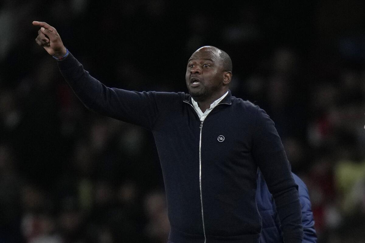 Crystal Palace's head coach Patrick Vieira reacts during an English Premier League soccer match between Arsenal and Crystal Palace at the Emirates Stadium in London, England, on Oct. 18, 2021. Patrick Vieira was never a player to shirk a challenge and the task he took on at Crystal Palace in his first managerial role in the Premier League wasn’t for the faint-hearted. He was charged with refreshing the oldest squad in the league and overhauling its rigid, mostly defensive approach to become an attacking and expansive team. (AP Photo/Alastair Grant, File)