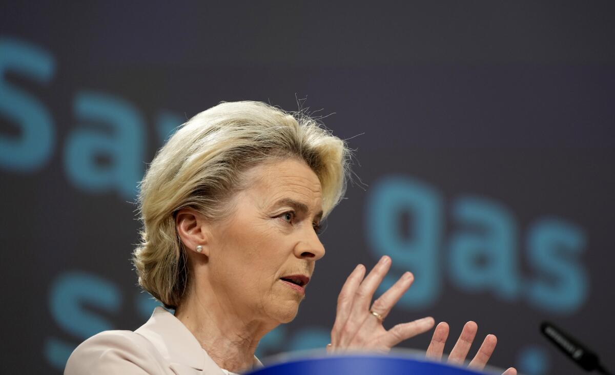 European Commission President Ursula von der Leyen addresses a media conference at EU headquarters in Brussels on Wednesday, July 20, 2022. The European Union's head office on Wednesday proposed that member states cut their gas use by 15% over the coming months that any full Russian cutoff of natural gas supplies to the bloc will not fundamentally disrupt industries and send an additional chill through homes next winter. (AP Photo/Virginia Mayo)
