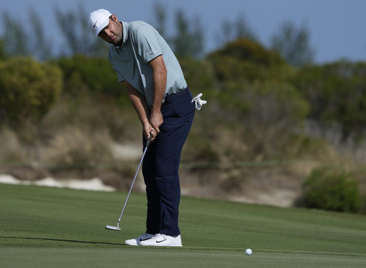 Scottie Scheffler, of the United States, watches his ball on the 7th green during the second round of the Hero World Challenge PGA Tour at the Albany Golf Club in New Providence, Bahamas, Friday, Dec. 2, 2022. (AP Photo/Fernando Llano)