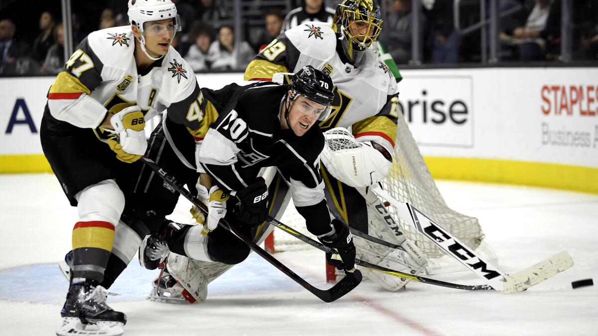 Kings forward Tanner Pearson (70) has been a disrupting force against defensemen and goaltenders like the Golden Knights' Marc-Andre Fleury and Luca Sbisa (47).