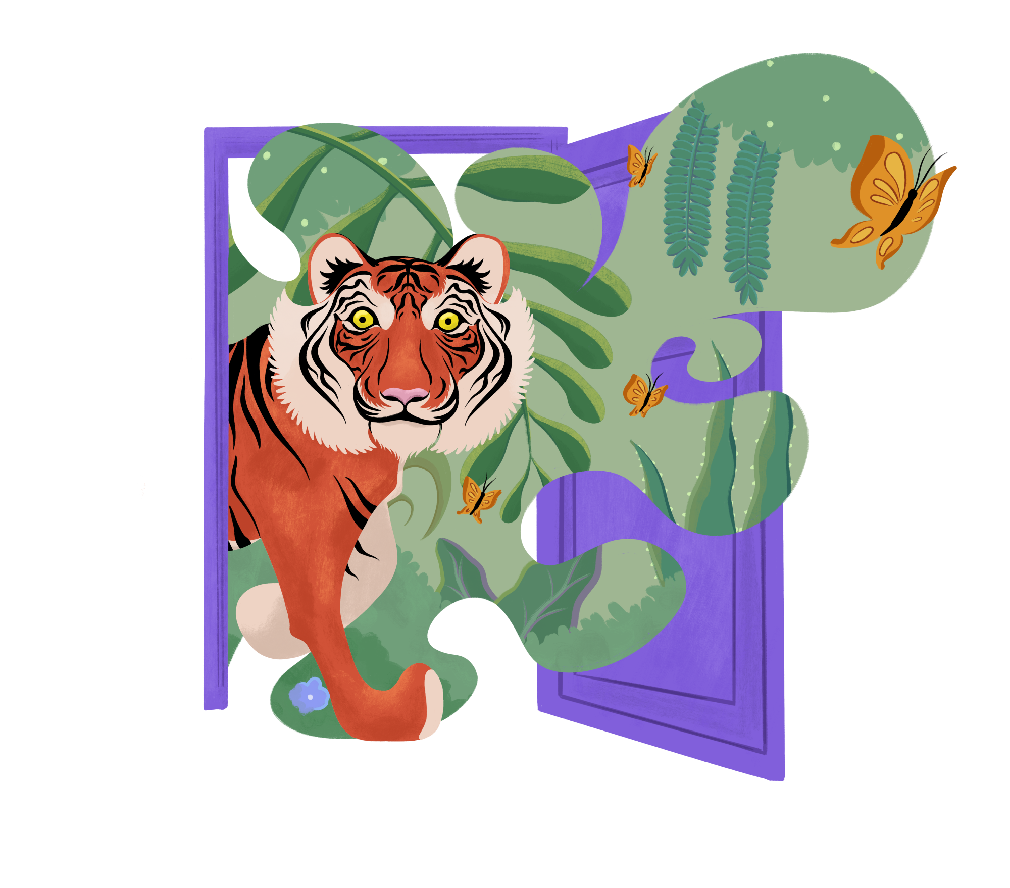 Illustration of a tiger walking through a door