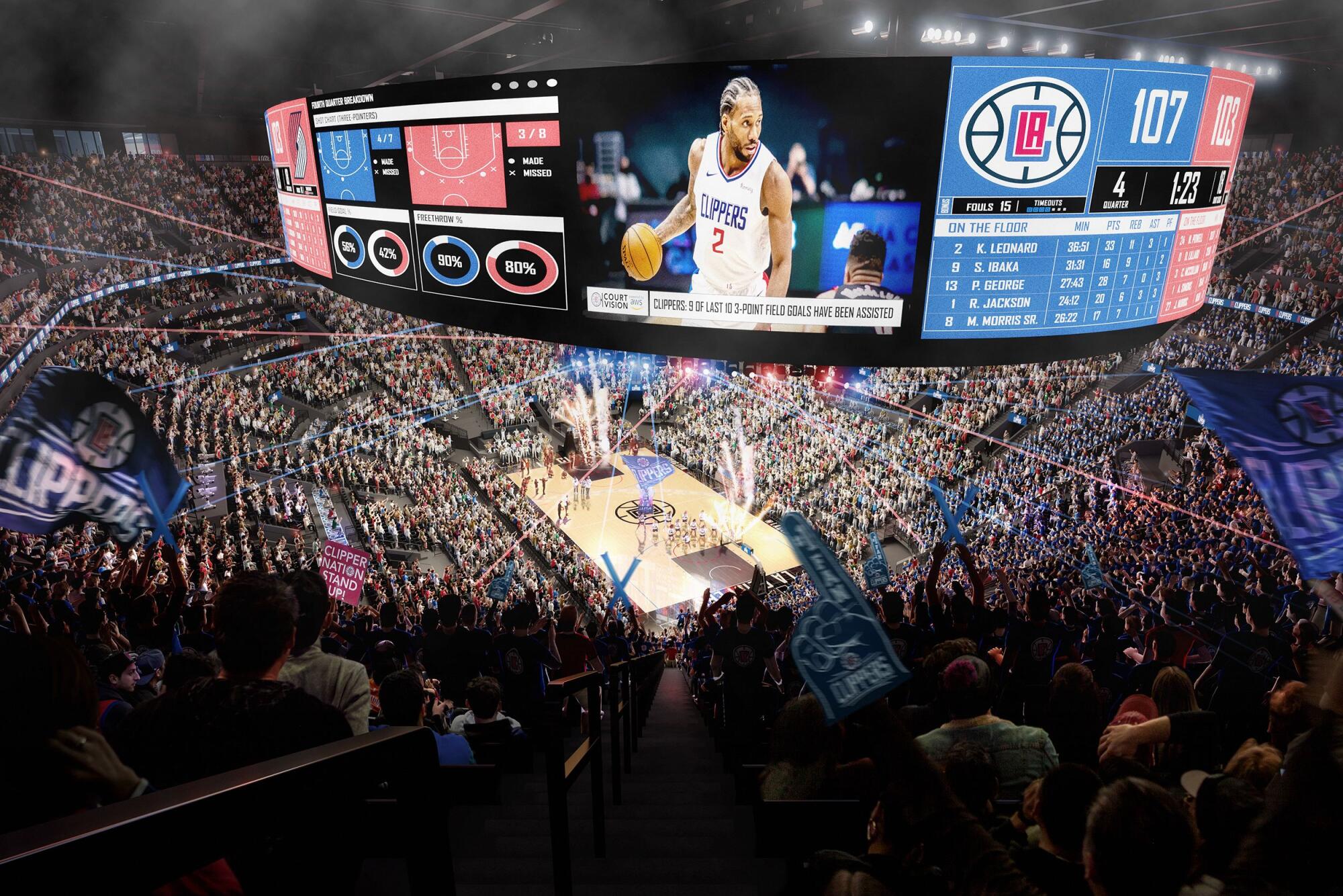 The Intuit Dome's scoreboard will be a two-sided oval, with 44,000 square feet of LED lights.