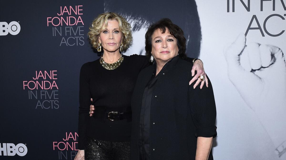 Jane Fonda, left, with, director and producer Susan Lacy at the premiere of the HBO documentary "Jane Fonda In Five Acts " in Los Angeles.